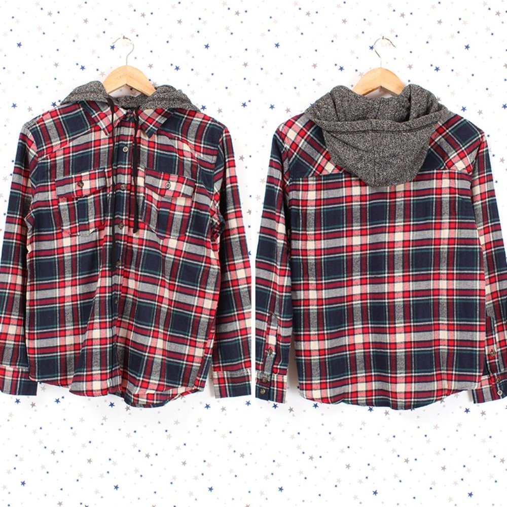 Removable Hood Button Plaid Shirt Taupe Red Navy